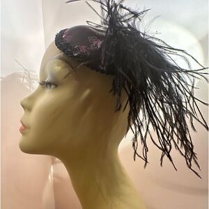 Taissa Lada Handmade Feather Fascinator Maribou Satin Lace Purple Black Hat Clip